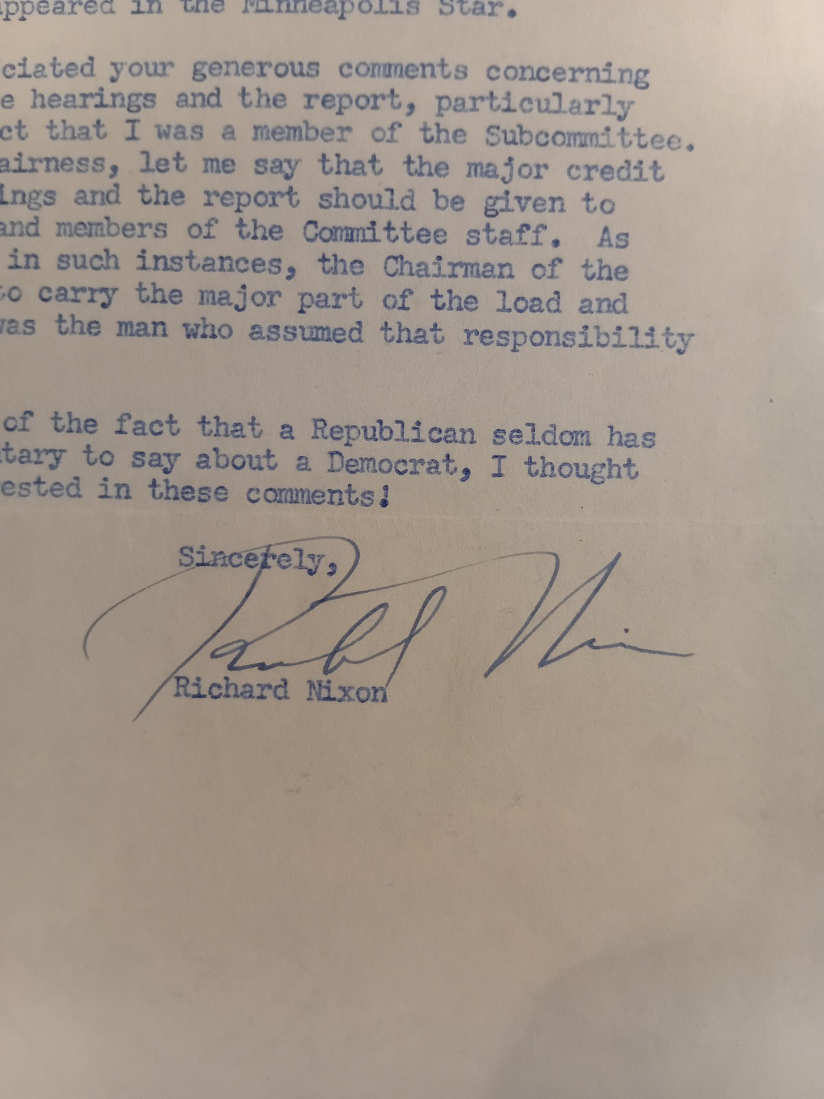 RICHARD NIXON Signed 1951 US Senate Letter to Victor Cohn / Hubert Humphrey Joke