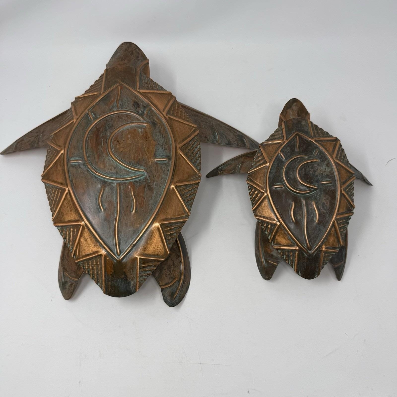 Handmade Copper Sea Turtle Pair Metalware Beach Home Decor Half Crescent Moon