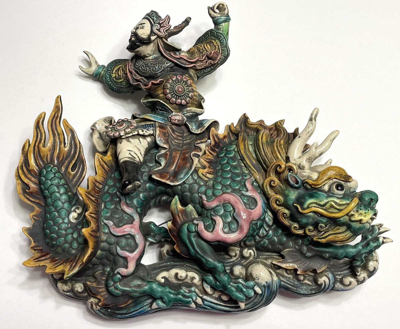 Chinese Glazed Ceramic Roof Tile Sculpture of a Warrior on a Dragon
