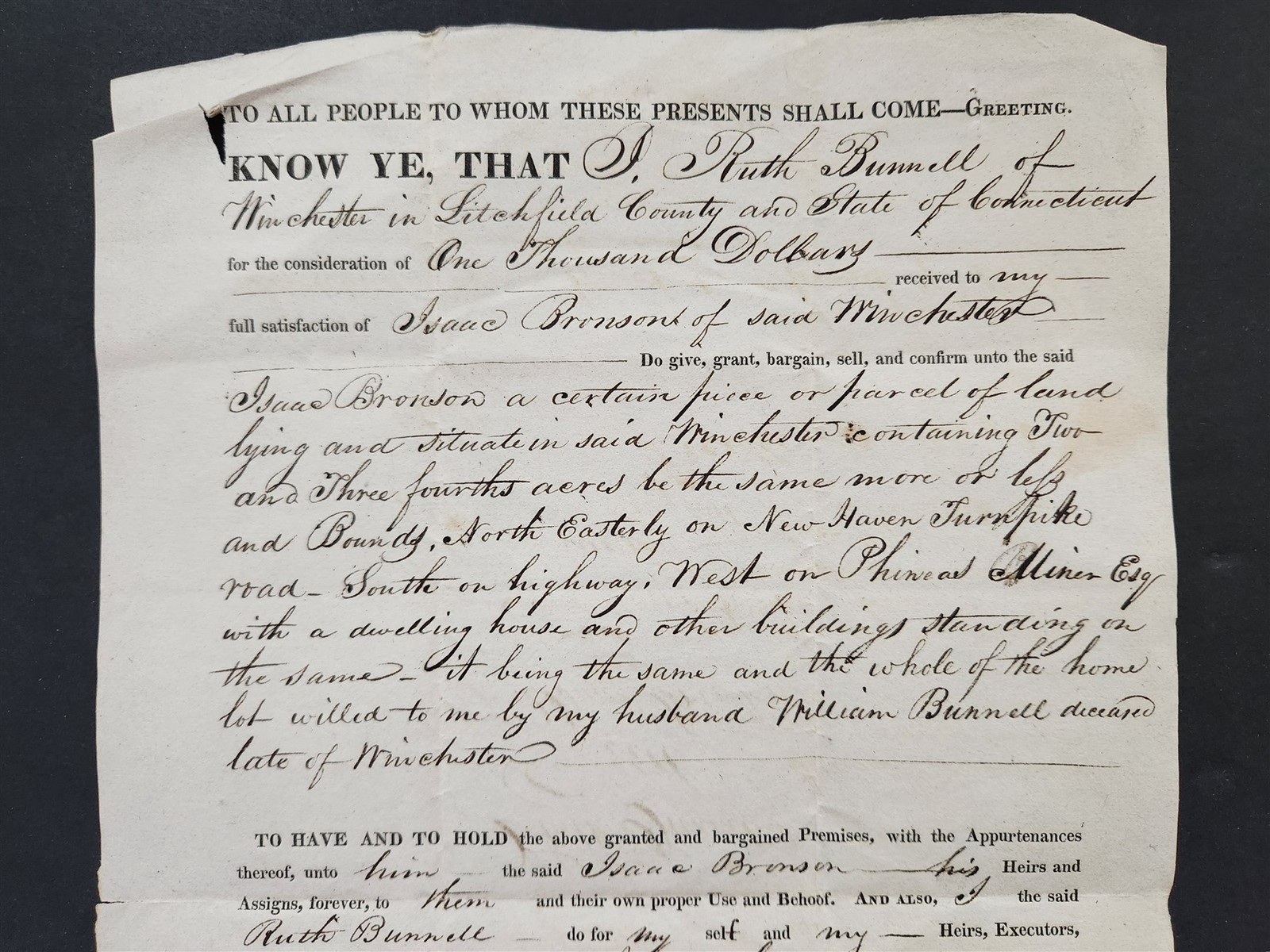 1826 antique DEED winchester litchfield ct RUTH BUNNELL to ISAAC BRONSON