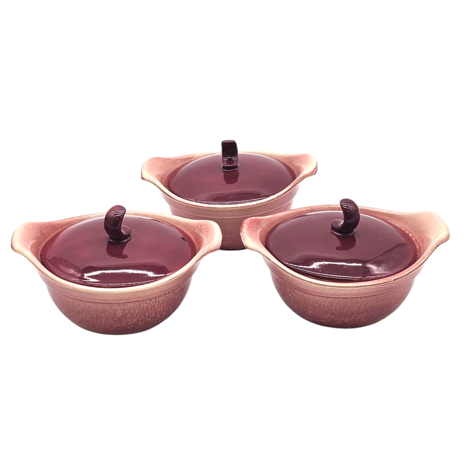 VTG Hull USA Crescent Strawberry Maroon Individual Casseroles with Lids Set of 3