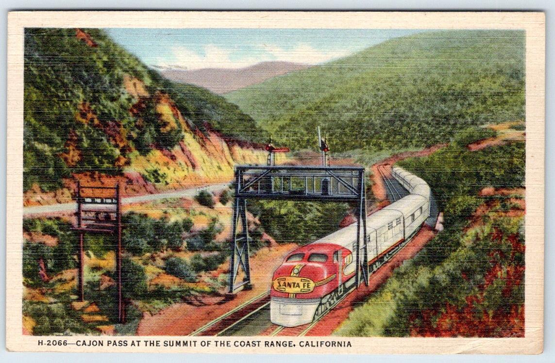 1945 CAJON PASS SANTA FE TRAIN FRED HARVEY RESTAURANTS HOTELS LINEN POSTCARD
