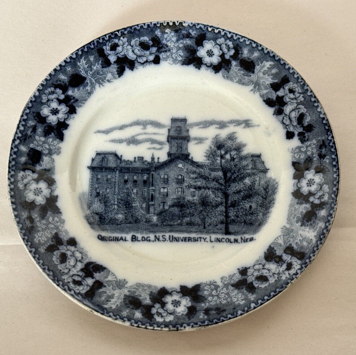 Antique University Hall Nebraska State Blue & White Souvenir Plate Wm. Adams, 6\