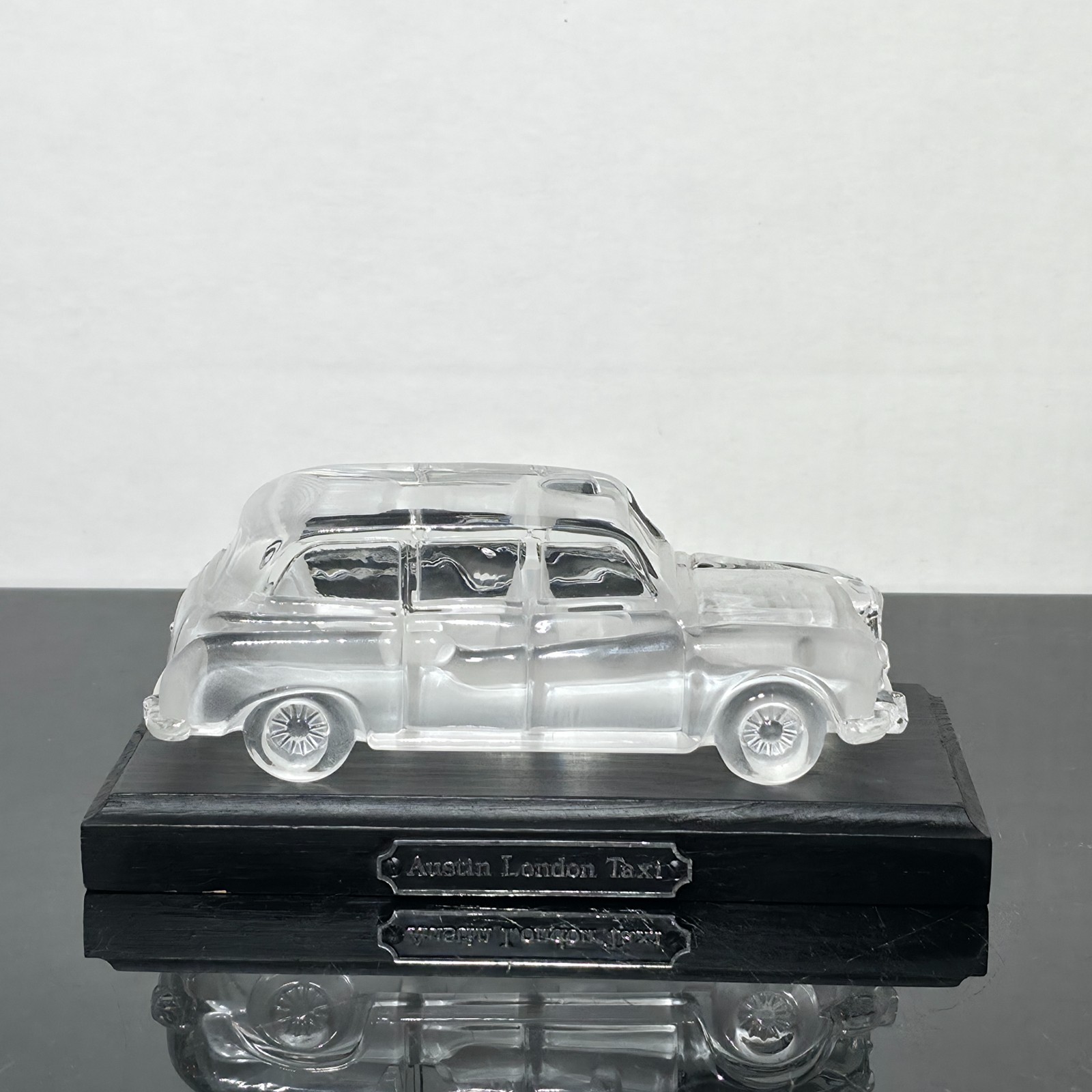 Vintage Crystal Austin London Taxi Cab Glass Figurine on Wood Display Base