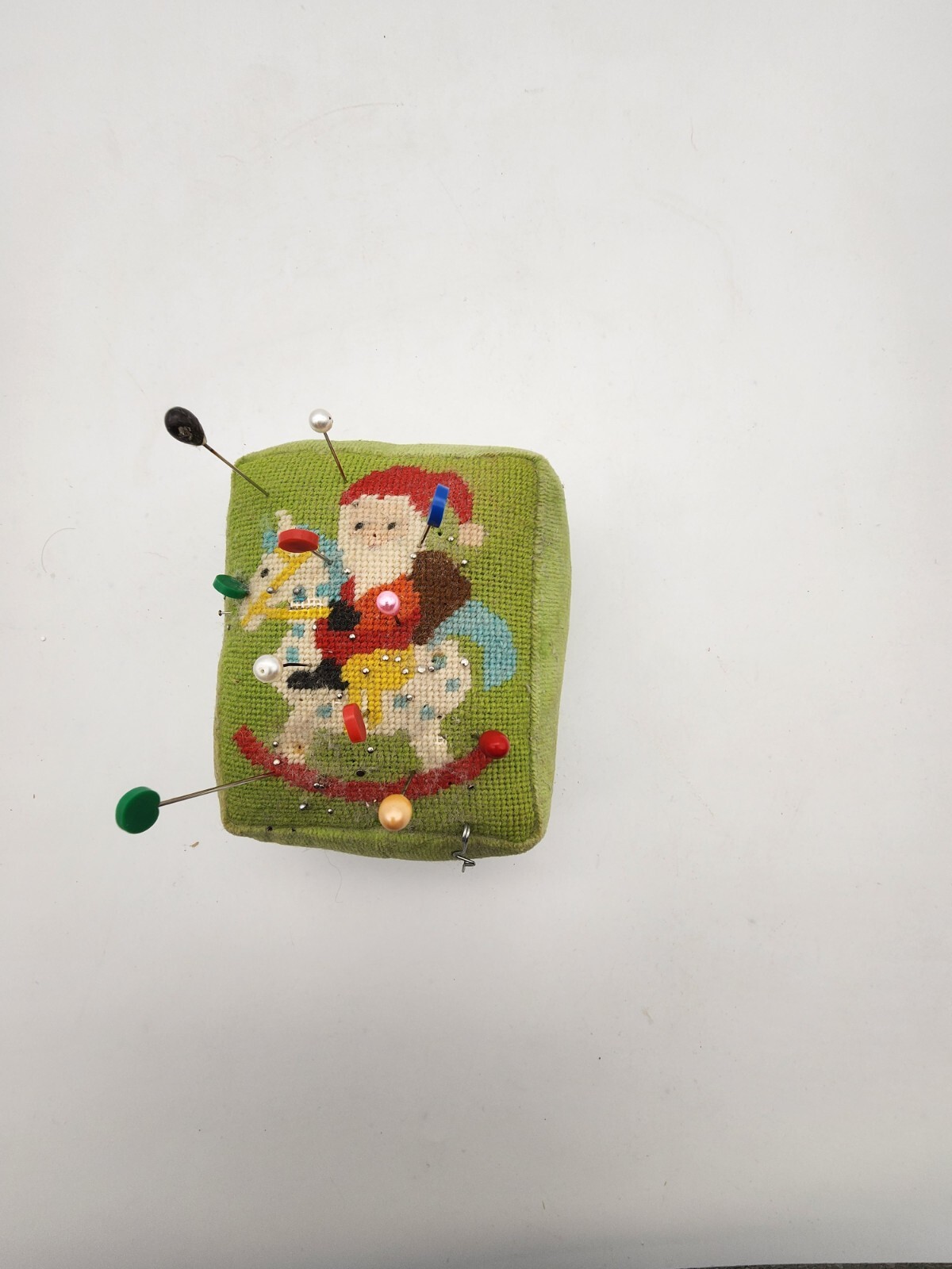 Vtg Needlepoint Crewlwork Pin Cushion Christmas Santa Rocking Horse