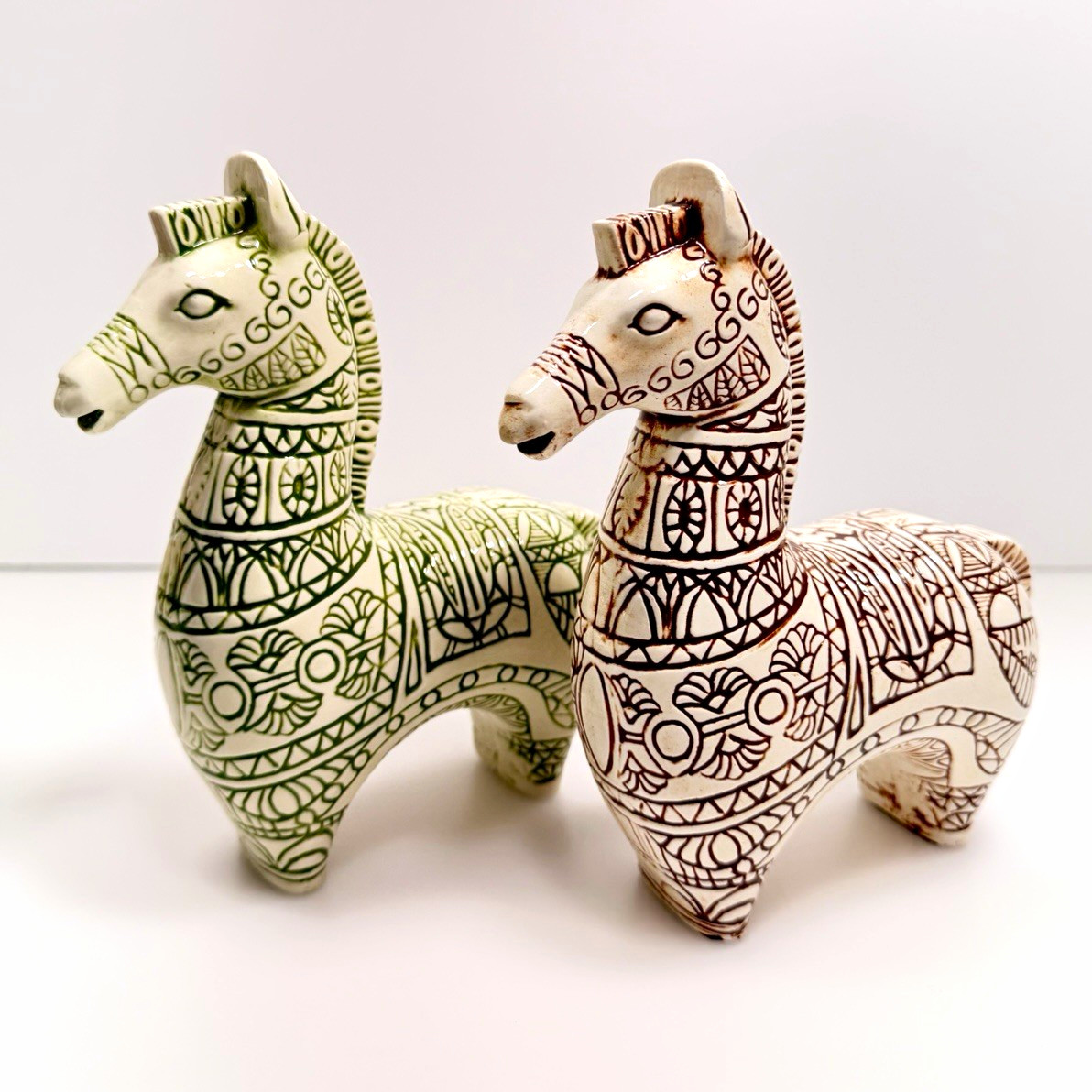 Vintage MCM Ceramic Trojan Horset Figurines Pair Green Brown Bitossi Style