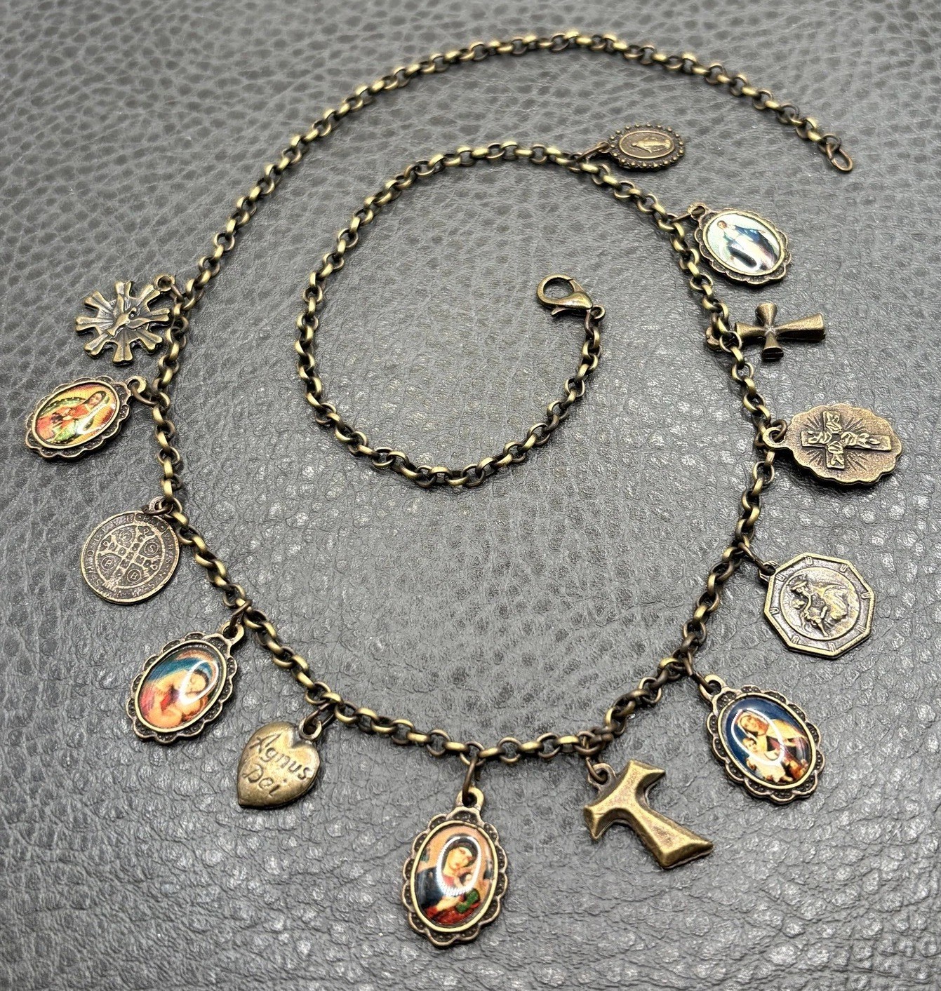 Catholic Saints Enamel Medal Charm Necklace Cross Agnus Dei Bronze Tone 20” Catholic Saints Enamel Medal Charm Necklace Cross Agnus Dei Bronze Tone 20”