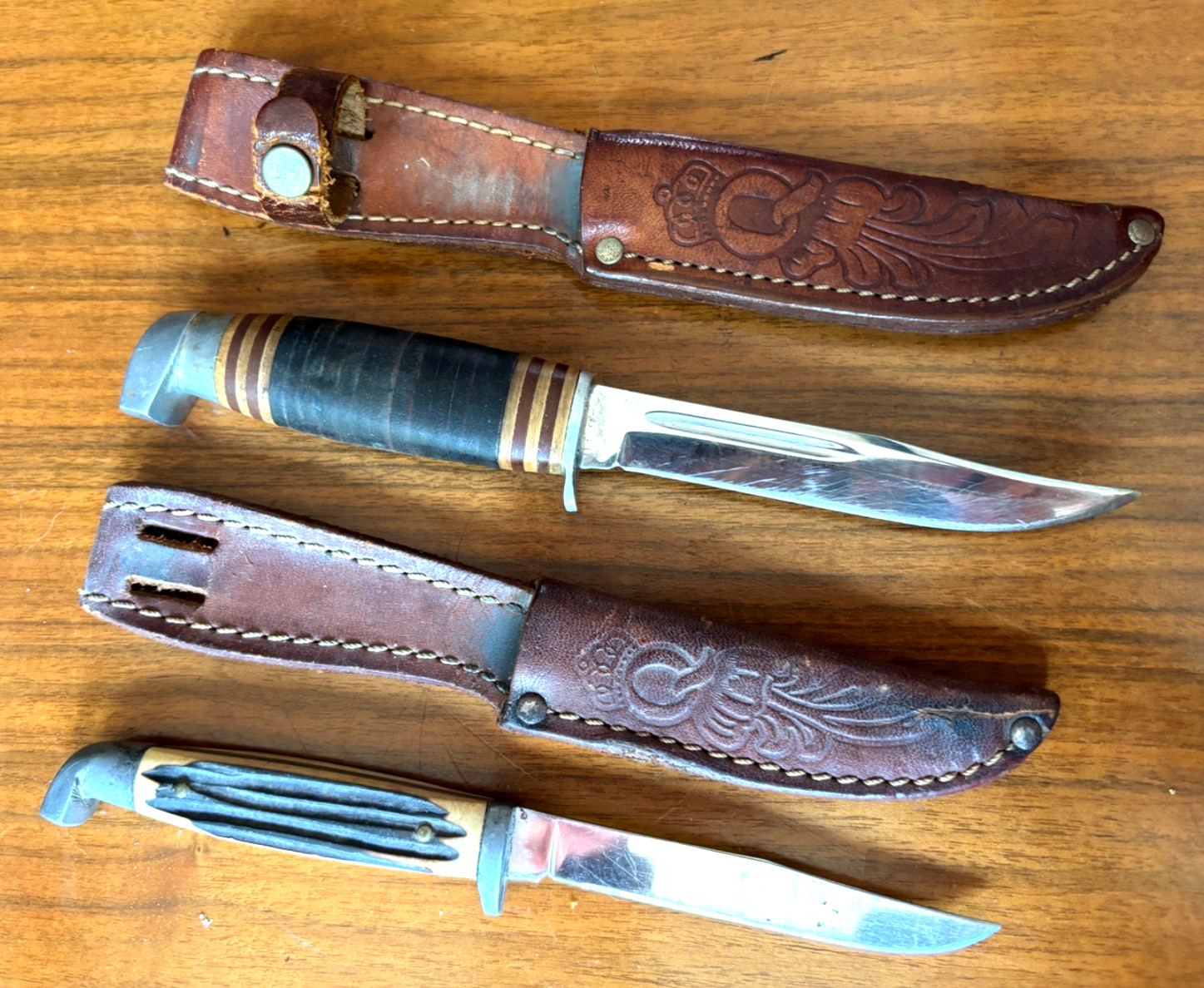 2 Vtg Queen USA Bird & Trout Sportsman Knives & Sheaths,  #74 & #84