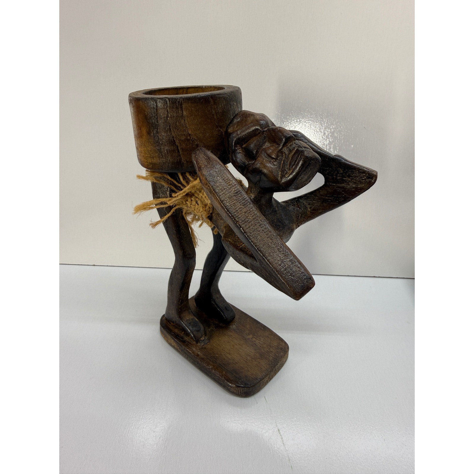 Hand Carved Wooden Figure Carrying Bowl Folk Art Sculpture Dark Wood Decor