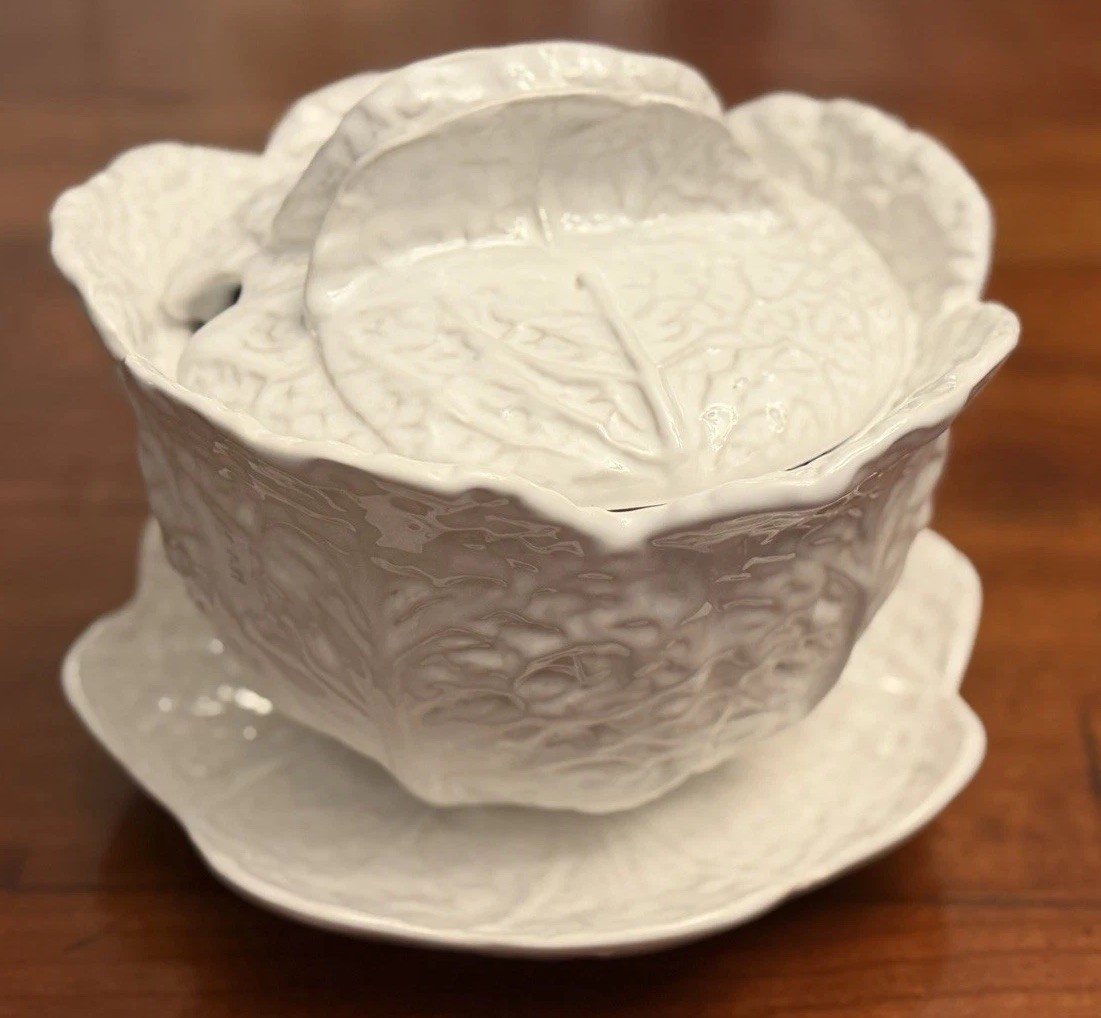 Bordallo Pinheiro White Cabbage Leaf Soup Tureen Lid Underplate Set Portugal