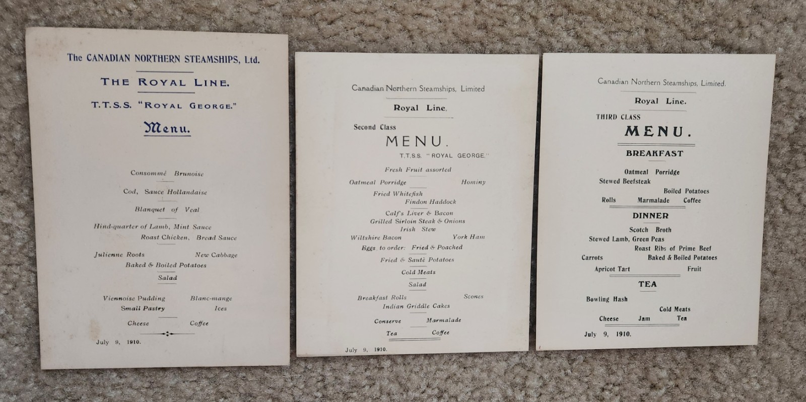 3 Canadian Northern Steamships, Royal Line Menus, July 9, 1910 