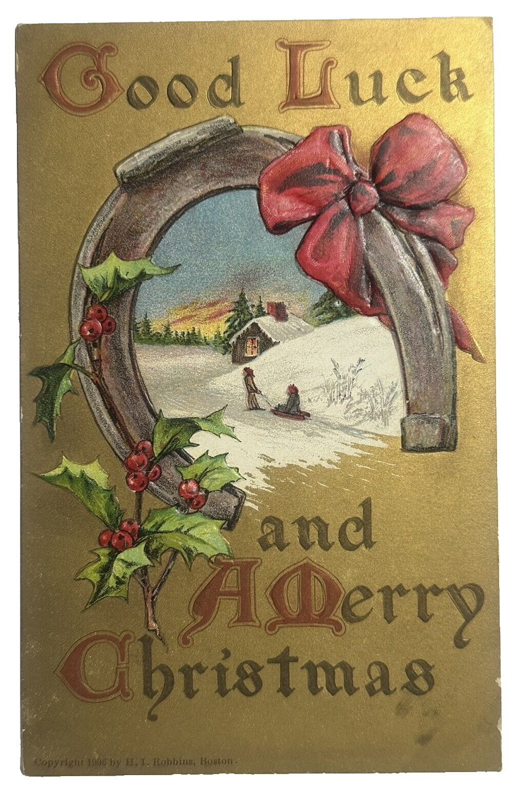Christmas Postcard Good Luck Horseshoe Gold Foil Children Sled Snow Red Bow