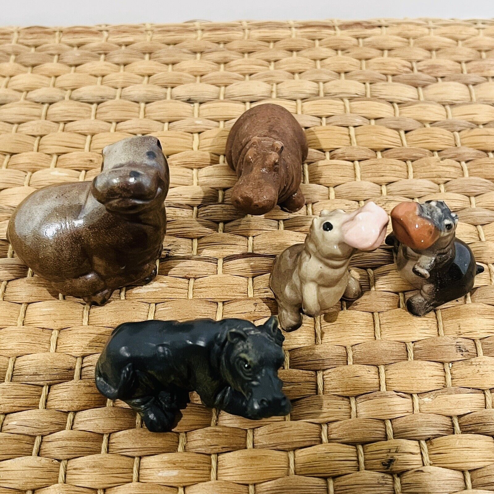 Vintage Lot of Miniature Hippos Various Material and Size Kissing Hippos Kitsch
