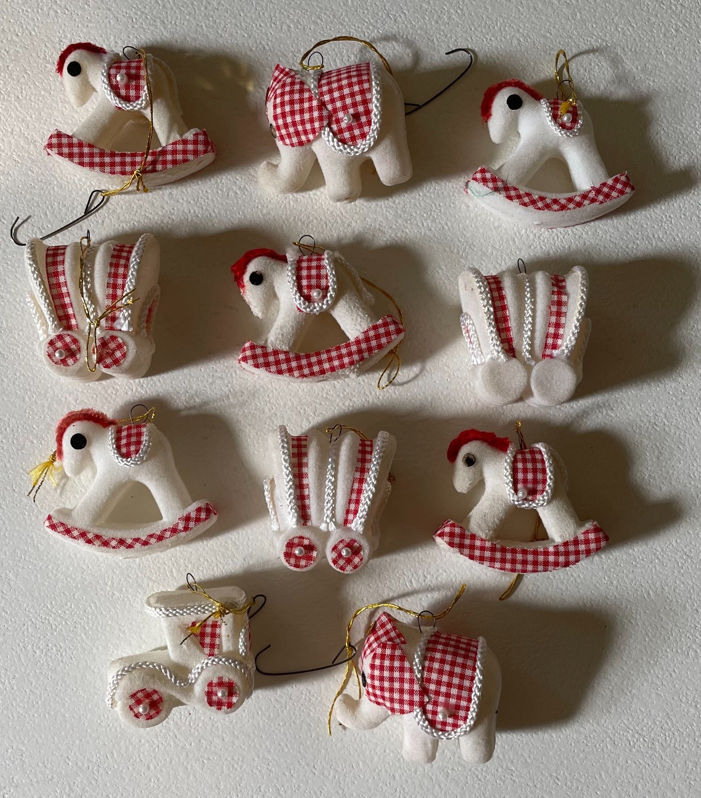 Vintage 1960\'s Flocked Xmas Ornaments- Gingham Train, Elephants, Rocking Horses