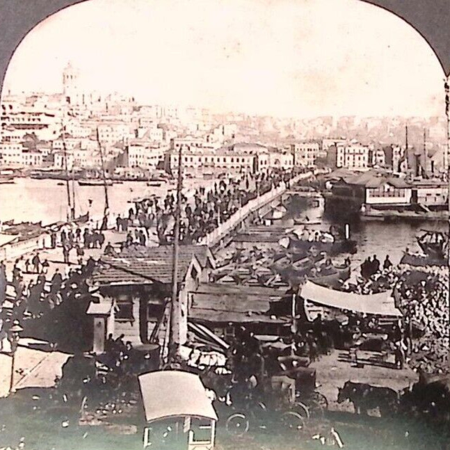 1909 CONSTANTINOPLE TURKEY FAMOUS GALATA BRIDGE GOLDEN HORN STEREOVIEW Z1550