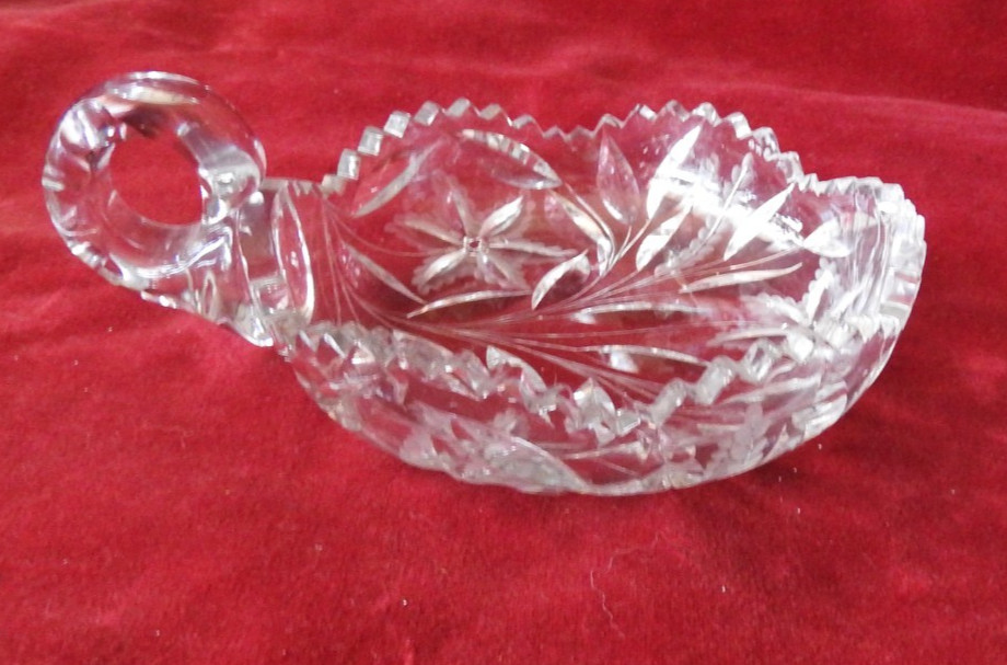 Cut Glass Crystal Handled Nappy, Serving Bowl, Portable Candle Holder Cut Glass Crystal Handled Nappy, Serving Bowl, Portable Candle Holder