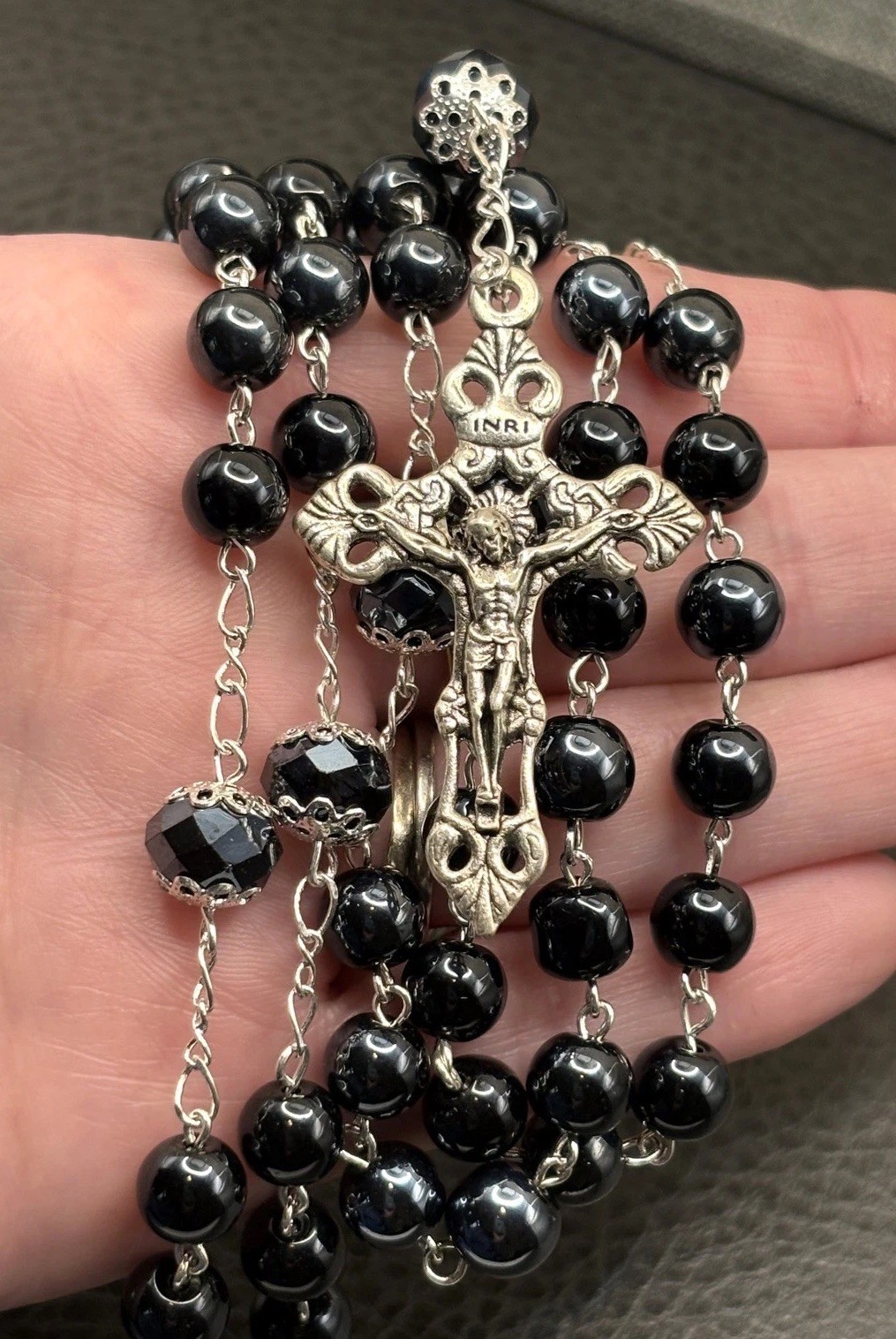Vintage Silver Plated Black Glass Bead Rosary Necklace Crucifix 30” - With Tags
