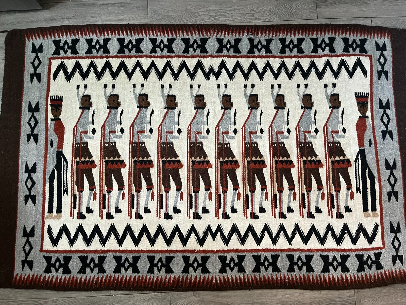 Large Vintage Mexican Wool Rug Blanket Navajo Yei Style 51