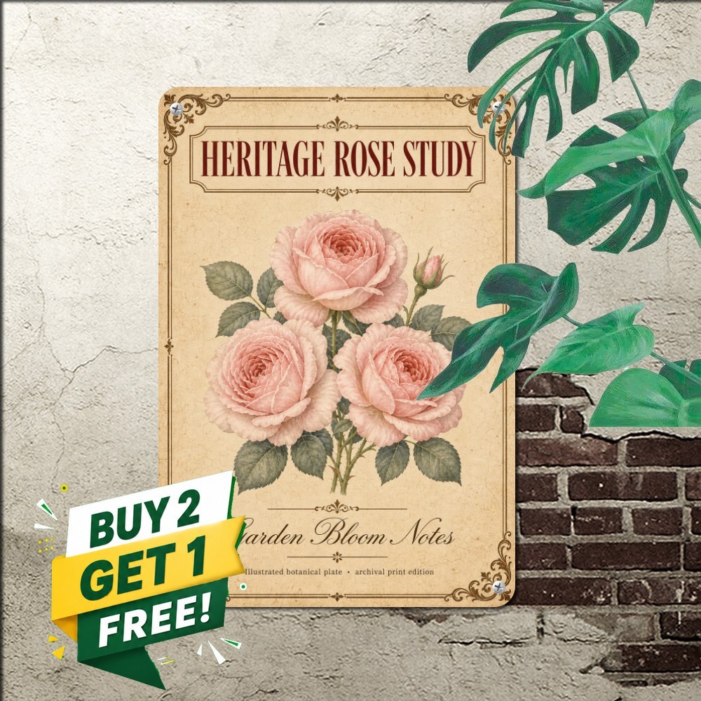Three Pink Roses Botanical Tin Sign Vintage Cottage Garden Metal Wall Plaque