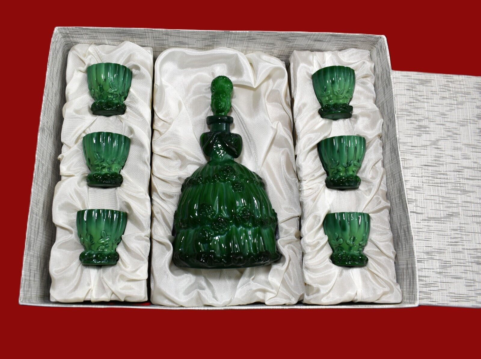 Vintage Bohemia Green Malachite Art Glass Decanter Bottle, Shot Glasses Set Box