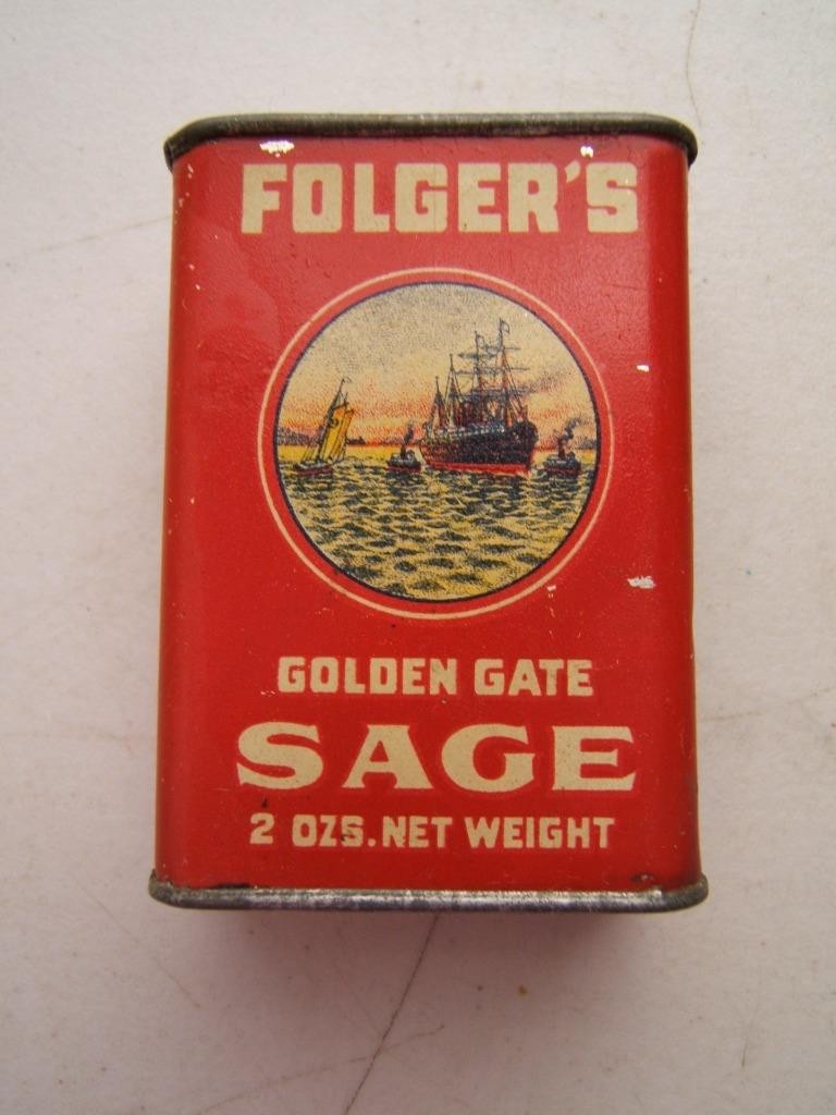 VINTAGE FOLGER\'S GOLDEN GATE SAGE SPICE TIN SAN FRANCISCO & KANSAS