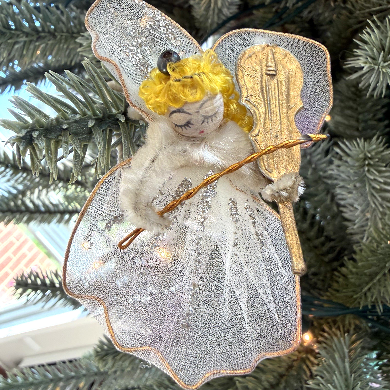 Vintage Angel Christmas Ornament Spun Cotton Chenille Tulle Violin Gold Japan Vintage Angel Christmas Ornament Spun Cotton Chenille Tulle Violin Gold Japan