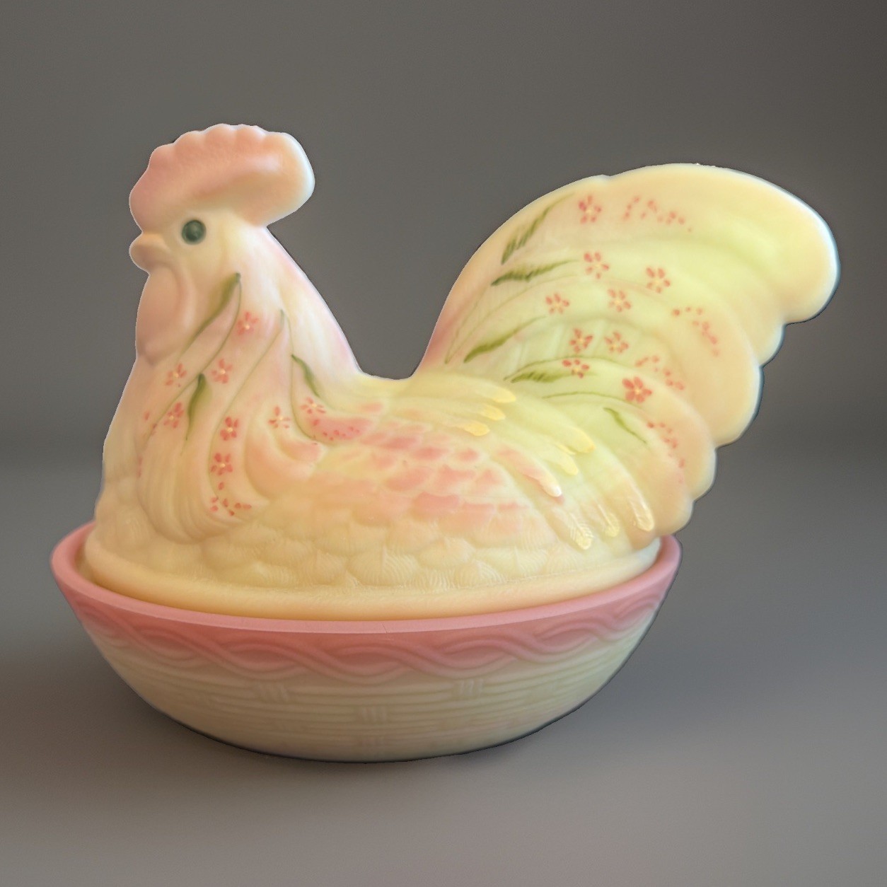 Fenton Hand Painted Custard Satin Uranium Glass Rooster Covered Dish B. Williams