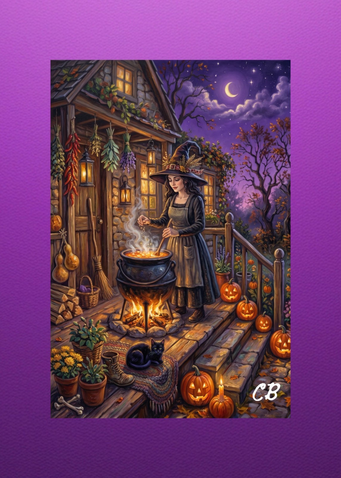 Halloween Hollow Witch Cauldron ACEO Print Cottage Porch Folk Art Card