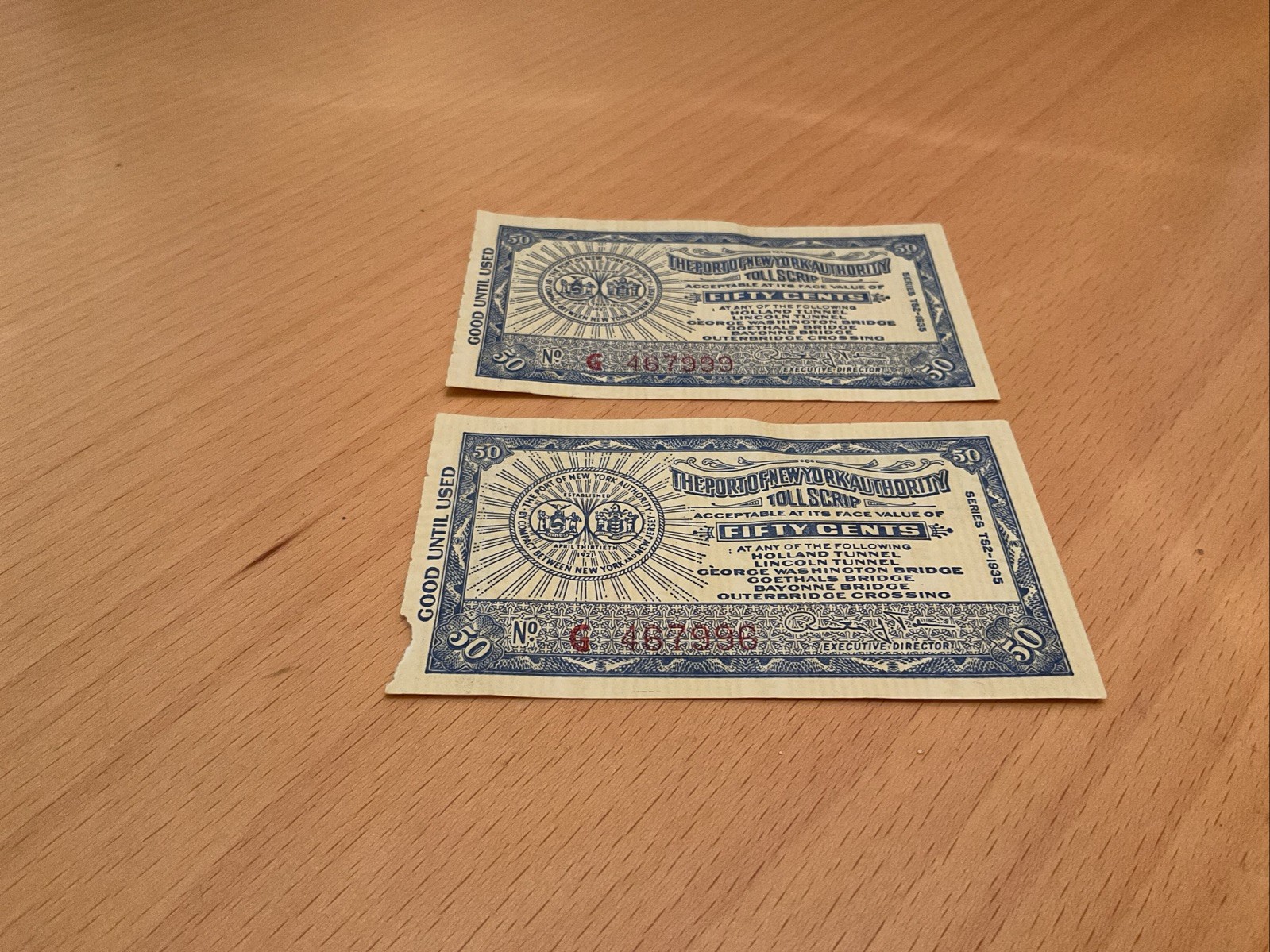 Vintage Port Of New York Authority Toll Scrip - 2 - 50 Cents 1935 Series