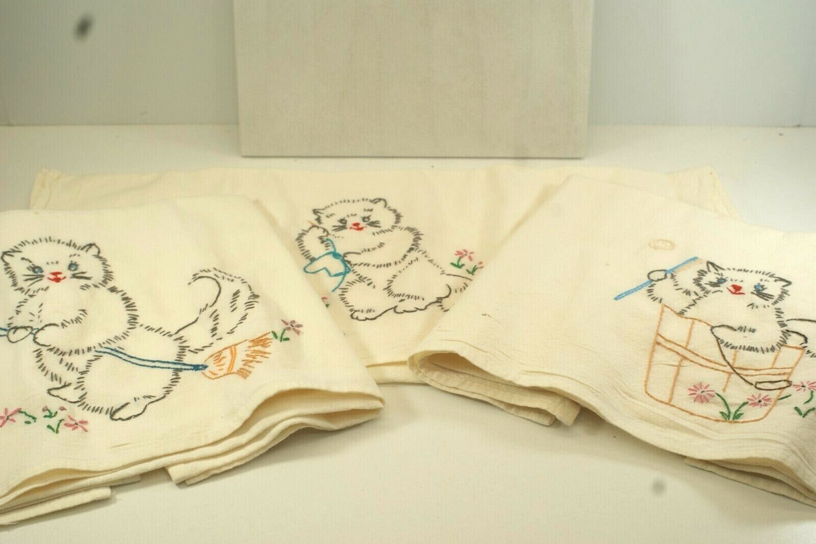 Lot of 3 Vintage Dish or Tea Towels, Cats or Kittens, Embroidered, 20 X 36 in