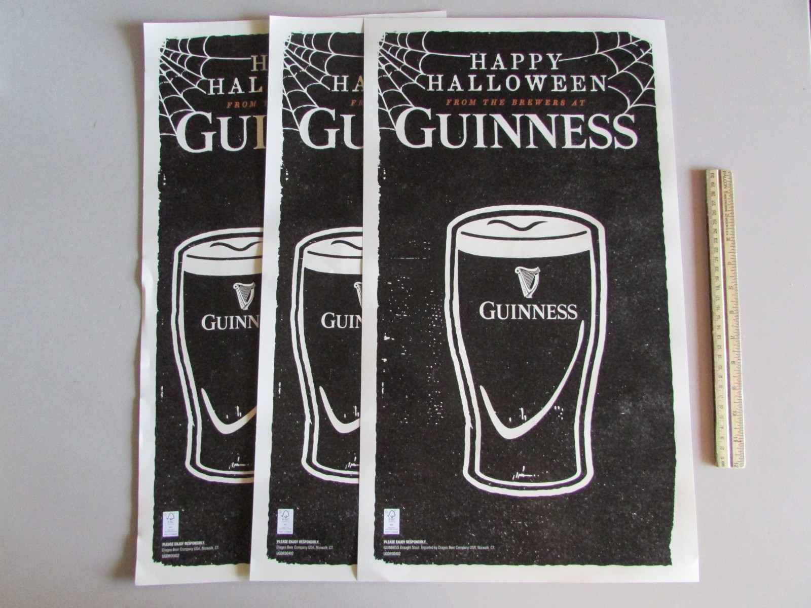 NEW (3) Guinness Happy Halloween Double Sided Pint Glass Poster Beer Man Cave 