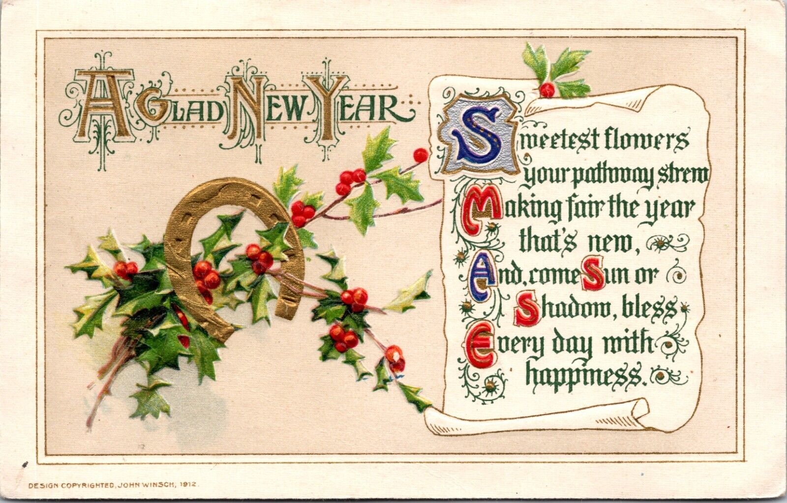 Winsch New Year Postcard Antique Gold Horseshoe Sweetest Flowers Happiness Poem