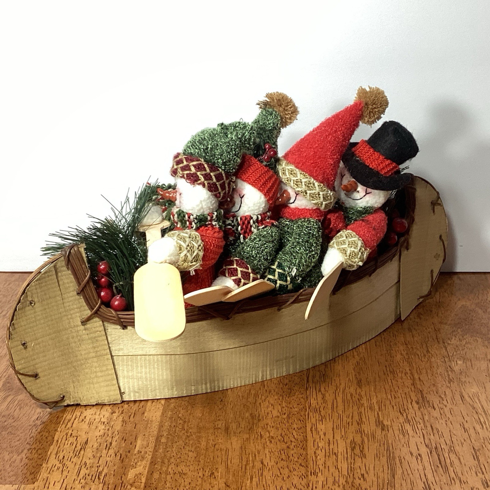 Vintage Rustic Snowman Family In A Canoe Rowing Cabin Christmas Decor