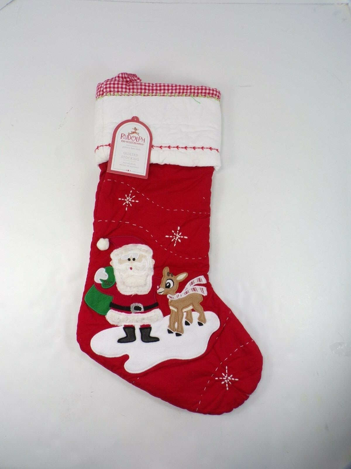 Pottery Barn Holiday Quilted Stocking Santa Rudolph Snowflake Red 20\