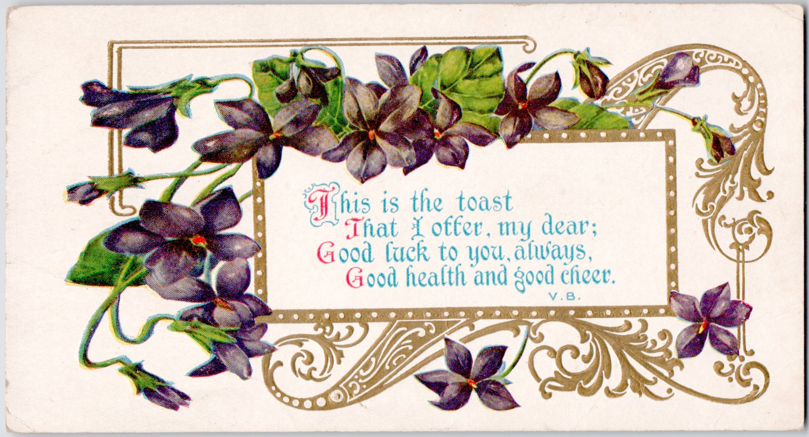 Postcard Good Luck Health Cheer c1910 Embossed Purple Flowers Bloomington KS DPO