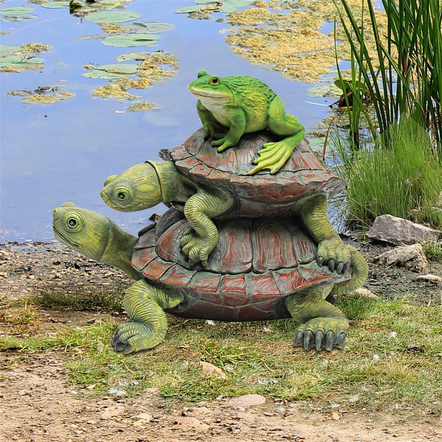 Along for the Ride Frog on Stacked Turtles Totem Garden Pond Decor Sculpture