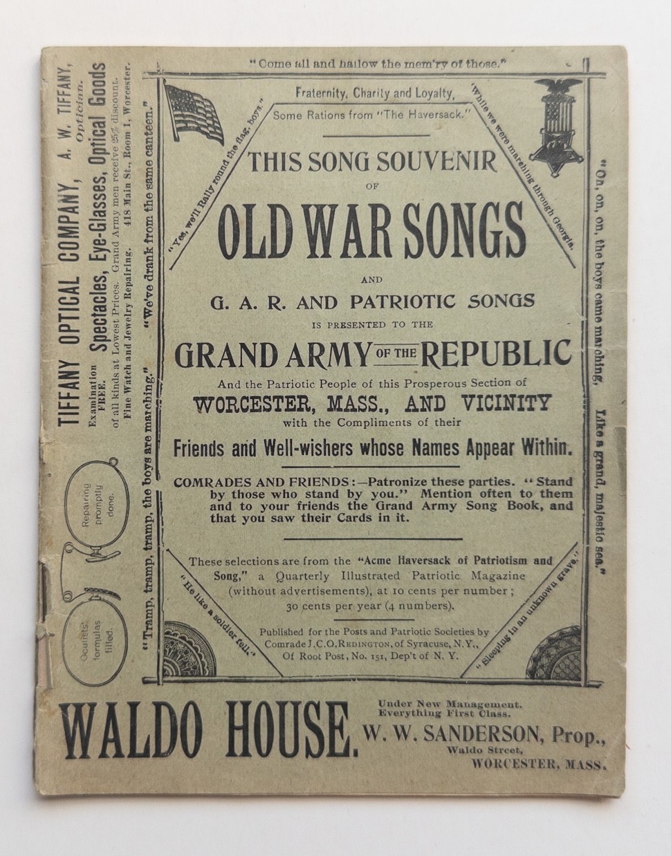 1897 Old War Songs G.A.R. Souvenir Songbook Worcester Mass Massachusetts Ads 1897 Old War Songs G.A.R. Souvenir Songbook Worcester Mass Massachusetts Ads