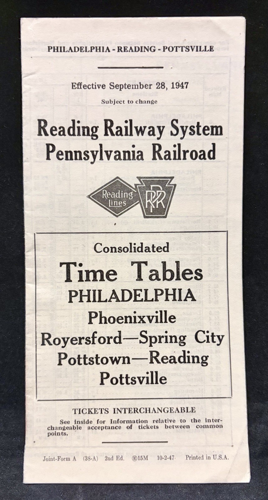 Reading RR Time Tables- Philadelphia, Phoenixville, Pottsville (Sept 28, 1947)