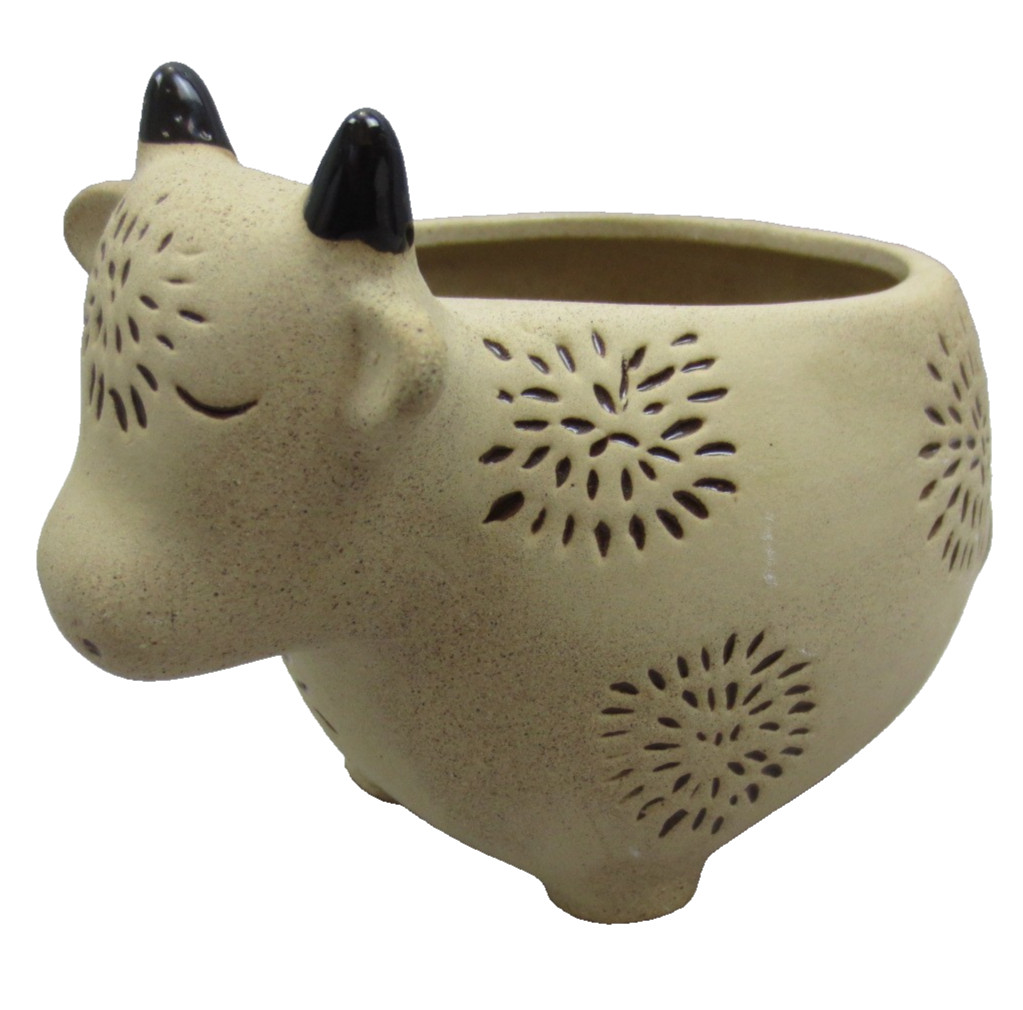 Sullivans Kitchy Brown Cow Planter Ceramic Stoneware Sand-Textured Finish Engrav