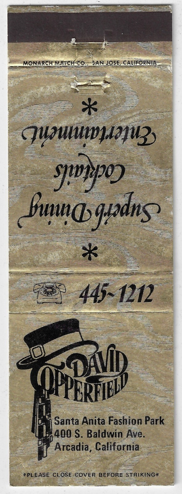 Vintage Matchbook Cover  David Copperfield Restaurant Arcadia Calif.