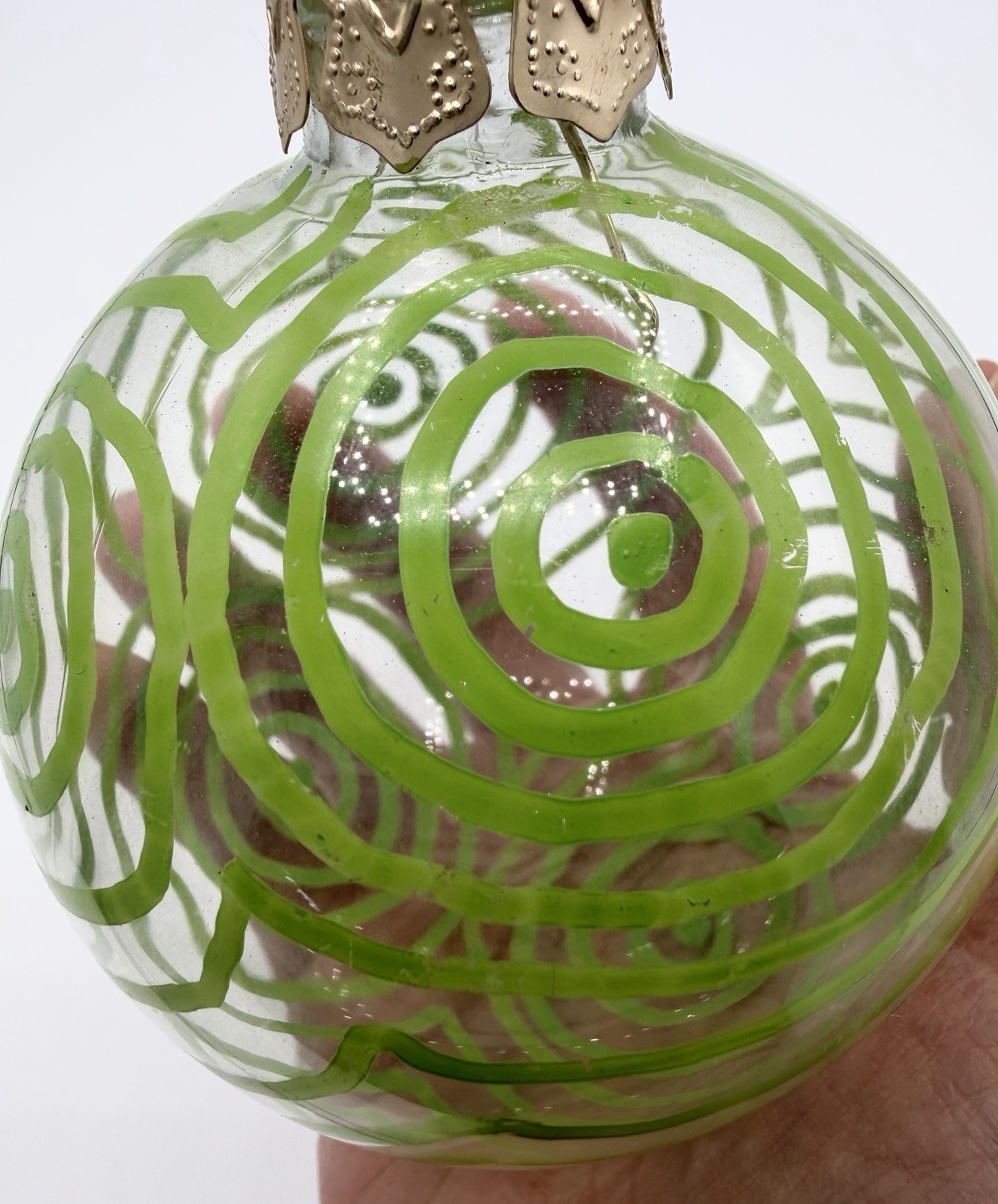 Vintage Artisan Hand Painted Glass Christmas Ornament Green Swirl Ball