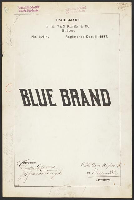 Photo:P H Van Riper Co Blue Brand Butter Trade-Mark 1877 Trademark Design