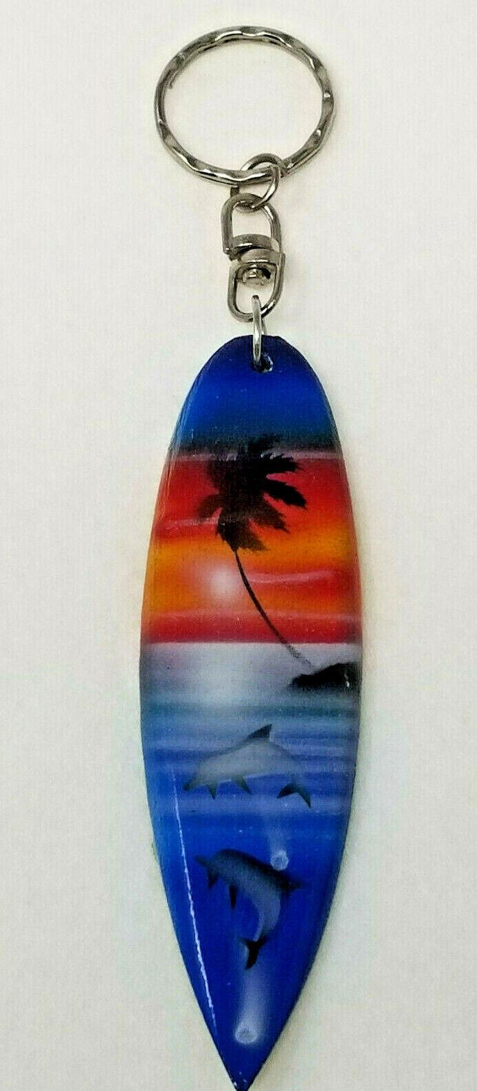 Surfboard Dolphin Palm Tree Keychain Vintage Wood Hand Painted