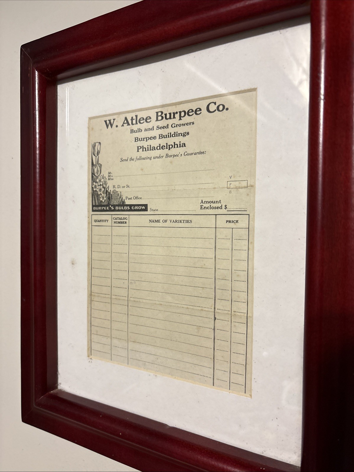 W. Atlee Burpee Co. Vintage Order Form FRAMED