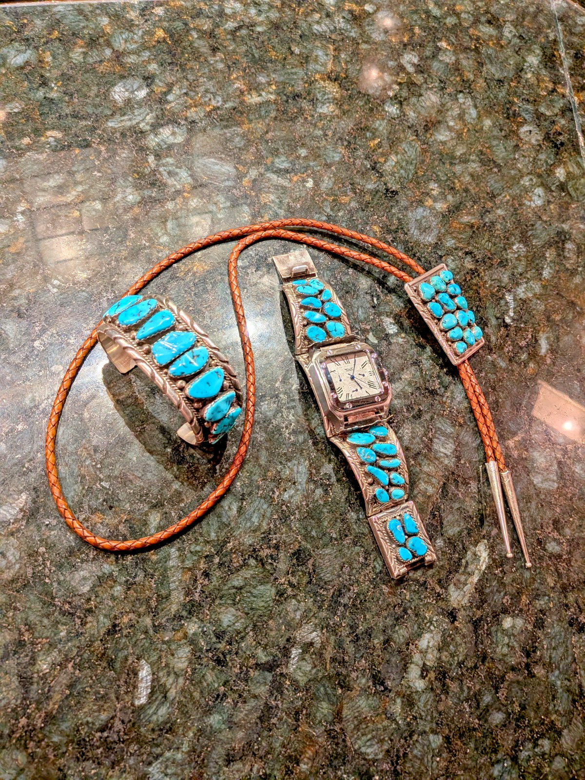 E SPENCER Navajo Native American Sterling Silver Turquoise Jewelry Set Buckle...