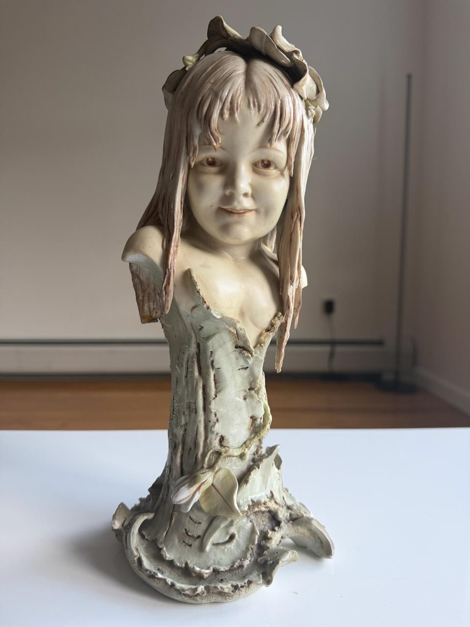 Vintage Porcelain Girl Figurine Long Hair Flowers Art Nouveau Style Collectible 