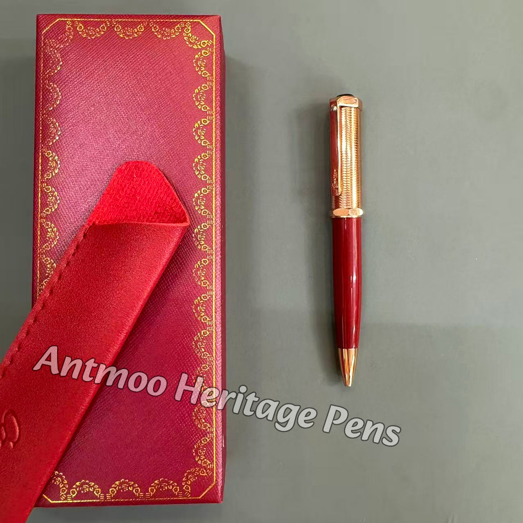 CARTIER Santos Red Resin Rose Gold Ballpoint Pen Textured Cap Rare Luxury Gift