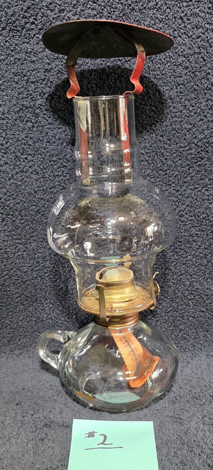 Vintage Clear Glass Finger Chamber Oil Lamp With Red Smoke Bell Heat Deflector
