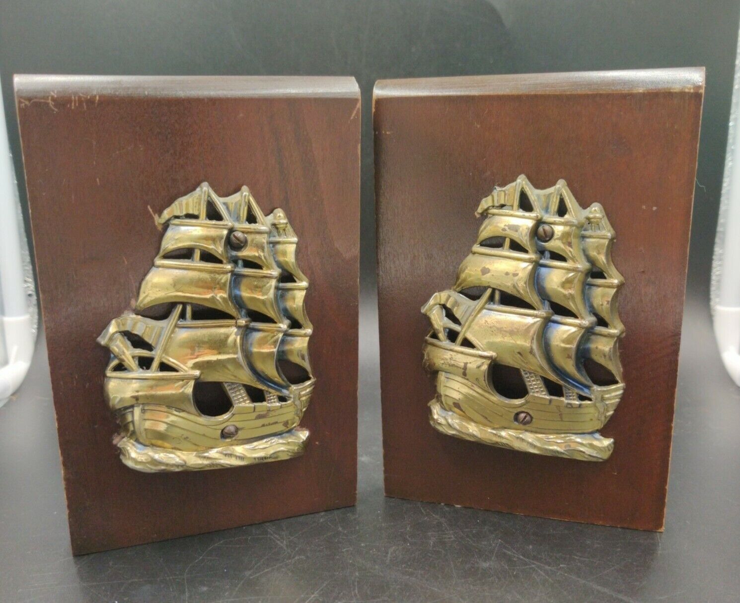 Vintage Sailing Ship Wooden Bookends Standard Specialty Finest Made in Japan