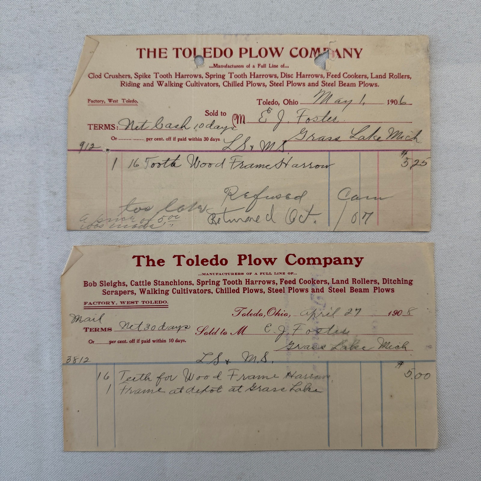 The Toledo Plow Company Invoice Receipt Document Lot 2x 1906 1908 Antique